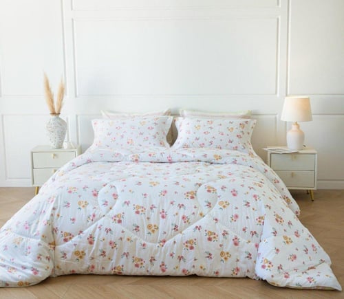 مفرش سمرلاند مزدوج قطن 100% برسومات الزهور أبيض -...