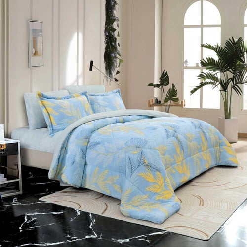 مفرش منال شتوي فاخر مزدوج مخمل سماوي أصفر عدد القط...