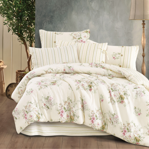 مفرش إنسجام صيفي قطن كريمي وأخضر برسومات الزهور