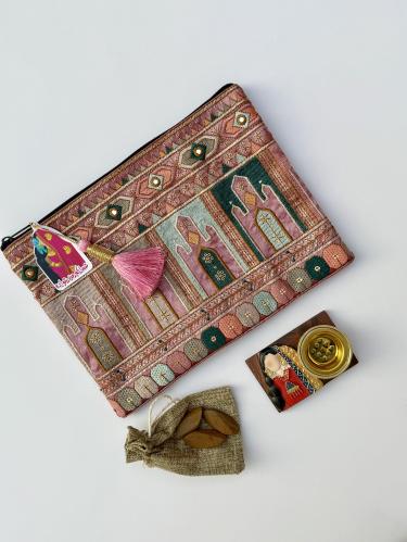 Pink embroidered pouch