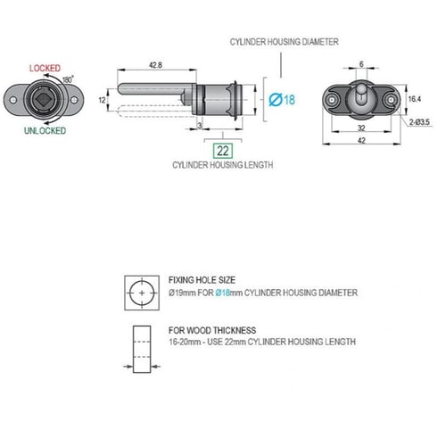 قفل اثاث خشب خابور 22 ملي القطر Ø18