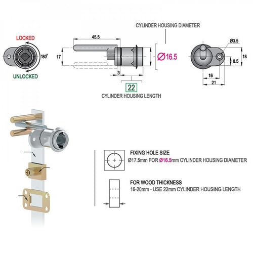 قفل اثاث خشب خابور القطر Ø16.5