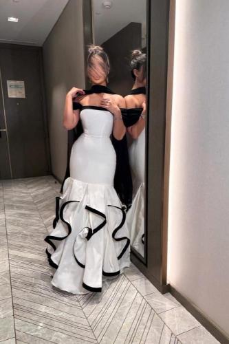 فستان سهرة اوف شولدر بشال خارجي لون أسود و أبيض