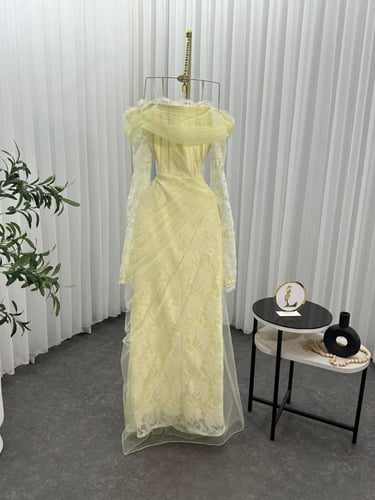 فستان سهره أوف شولدر بأكمام طويلة لون أصفر