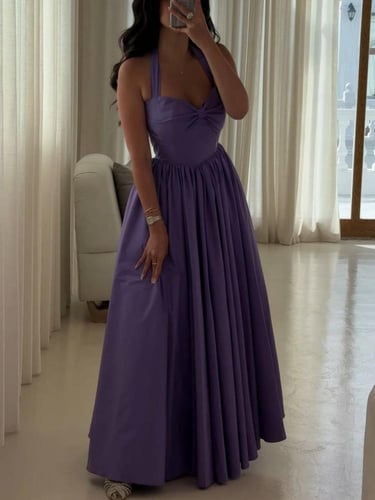 فستان موف هالتر منفوش بتفصيل ربطة صدر