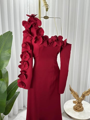 فستان كت ورد برغندي فخم