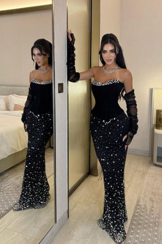 فستان سهره توب مزين بالكرستال لون اسود