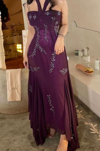 فستان سهره توب مزين بالخرز لون عنابي