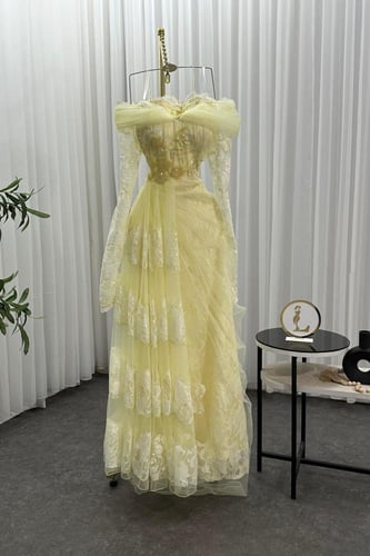 فستان سهره أوف شولدر بأكمام طويلة لون أصفر