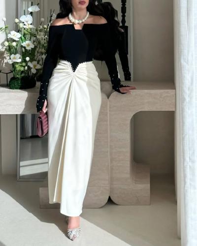 فستان توليفة ملكية أسود وأوف وايت