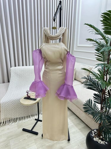 فستان ناعم توب بأكمام منفصلة وشال خارجي لون سكري