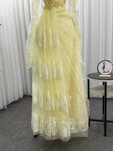 فستان سهره أوف شولدر بأكمام طويلة لون أصفر