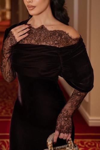 فستان ناعم بأكمام دانتيل لون بني