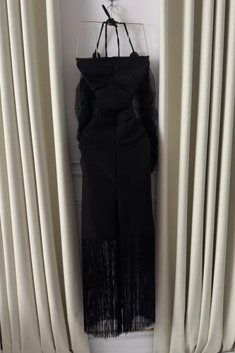 فستان سهره أوف شولدر بالحبال لون اسود