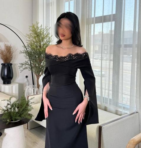 فستان ناعم اوف شولدر بأكمام طويلة لون أسود