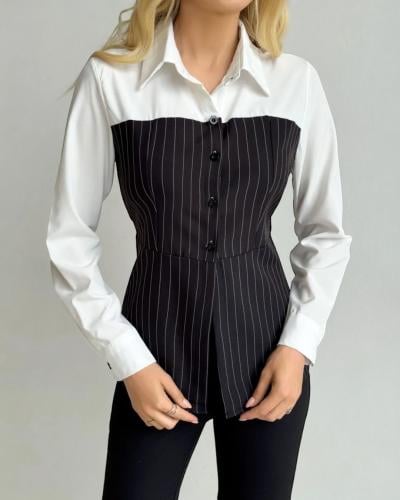 بلوزة بأزرار أمامية وأكمام طويلة باللونين الأبيض و...