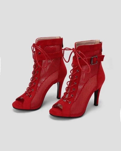 حذاء بكعب متوسط بتصميم شبكي وأشرطة أمامية - أحمر