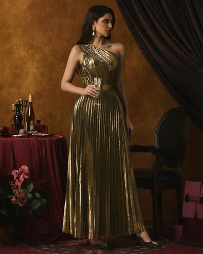 فستان نسائي ميتاليك بطيات مكشوف الكتف