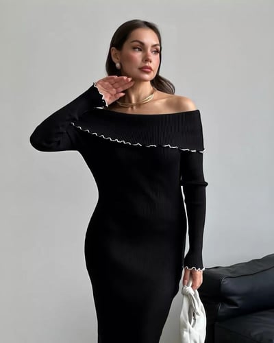 فستان نسائي محبوك ميدي كاجوال مكشوف الكتف