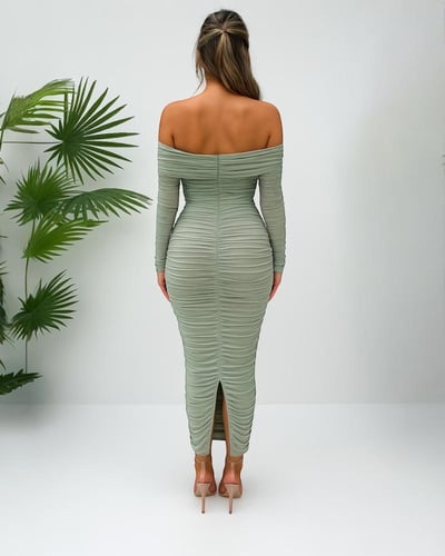 فستان ميدي مكشكش بكتف مكشوف وأكمام طويلة