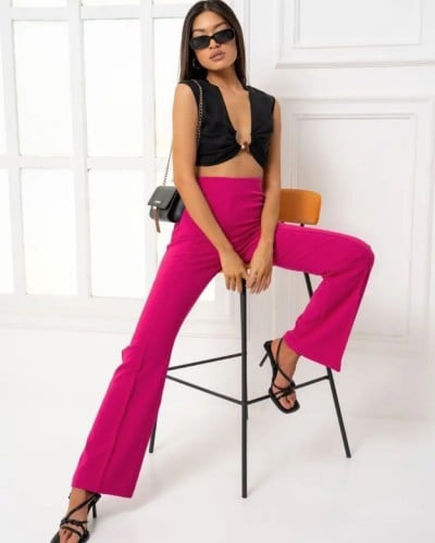 بنطال واسع الخصر بتفاصيل درزات - وردي