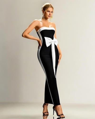 فستان سهرة طويل بدون أكتاف باللونين الأسود والأبيض...