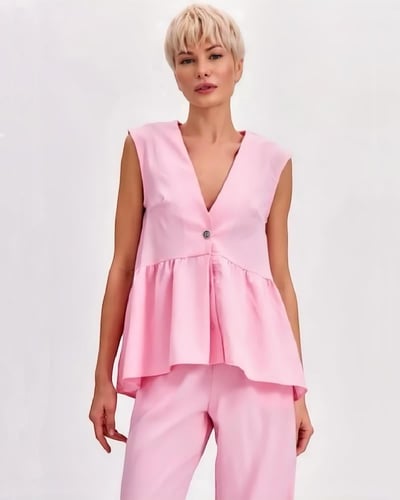 طقم بنطال وتوب واسع بدون أكمام بلون وردي ناعم