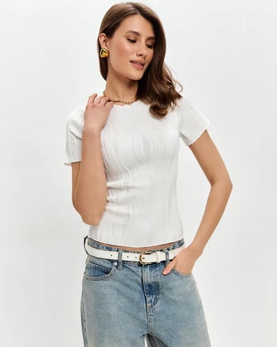 تي شيرت نسائي كاجوال بنمط مموج وبأكمام قصيرة - أبي...