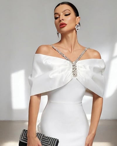 فستان سهرة مكشوف الكتف بحمالات كتف كريستال