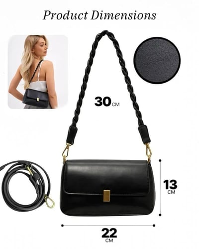 حقيبة كتف سوداء أنيقة بمشبك ذهبي مع حزام كروس طويل