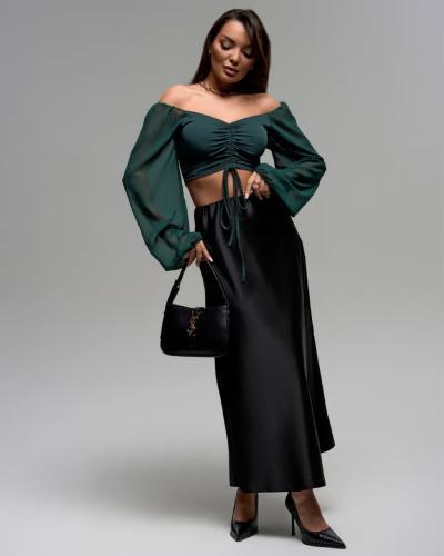 بلوزة كاجوال بأكمام شفافة منفوخة ورباط أمامي - أخض...