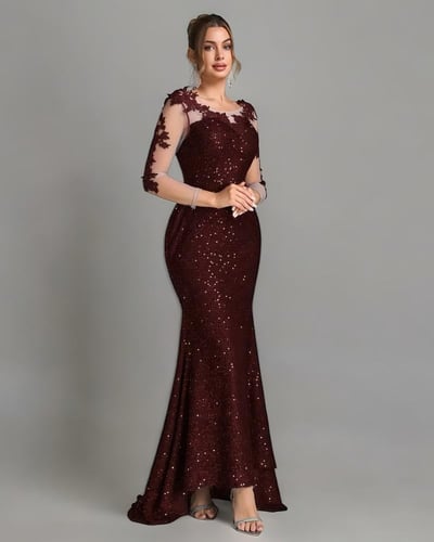 فستان سهرة طويل ترتر مع أكمام دانتيل شبكية بلون عن...