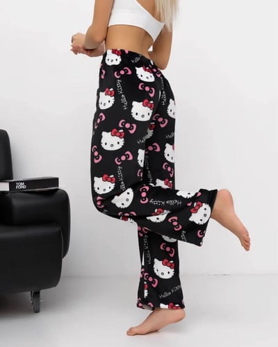بنطال نوم قطني بطبعة Hello Kitty – أسود برسومات كر...
