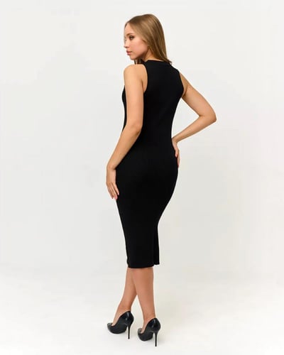 فستان ميدي أسود محبوك ضيق بدون أكمام