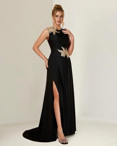 فستان سهرة أنيق فاخر مزين بنقشة زهور ثلاثية الأبعا...