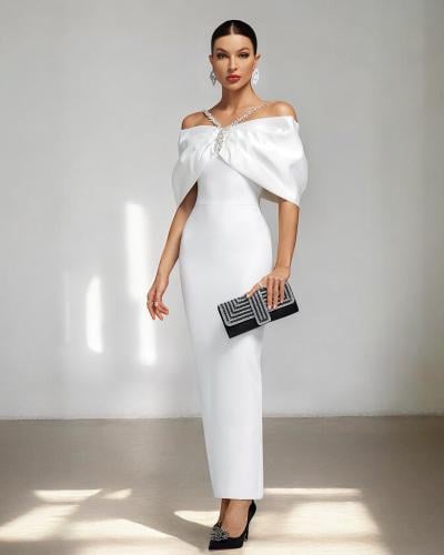 فستان سهرة مكشوف الكتف بحمالات كتف كريستال