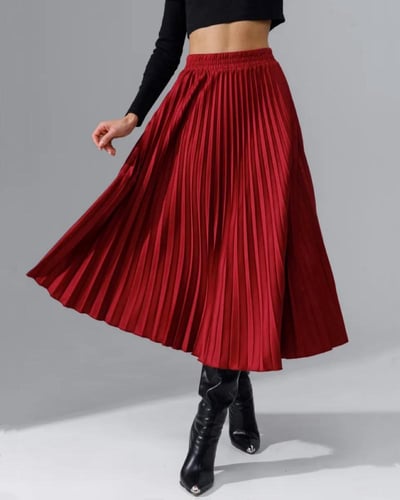 تنورة ميدي بطيات بخصر مرتفع - أحمر