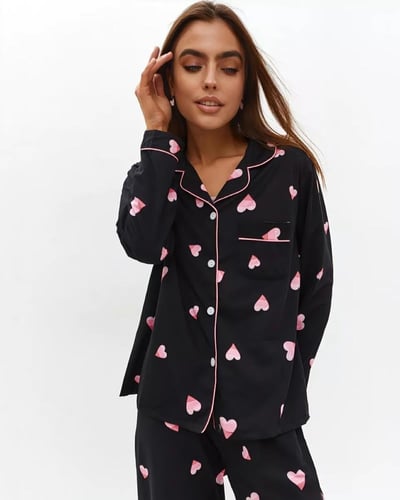 طقم بيجامة نسائي كارديجان بياقة متباينة الألوان وط...