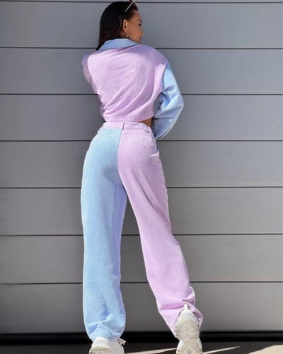 طقم نسائي جاكيت وبنطال ثنائي الألوان بخصر مرتفع