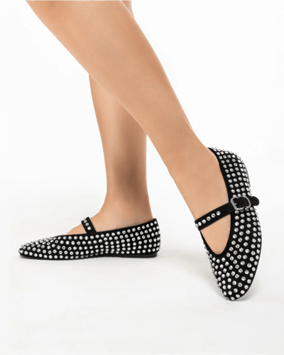 حذاء نسائي باليرينا سوداء مرصعة بالكريستال بحزام إ...