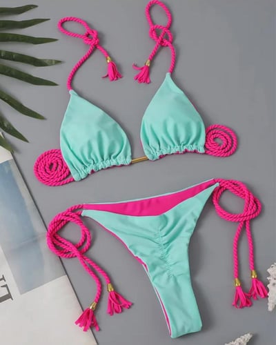 طقم بكيني تركواز بحبال مزينة بشرّابات وزخرفة معدني...