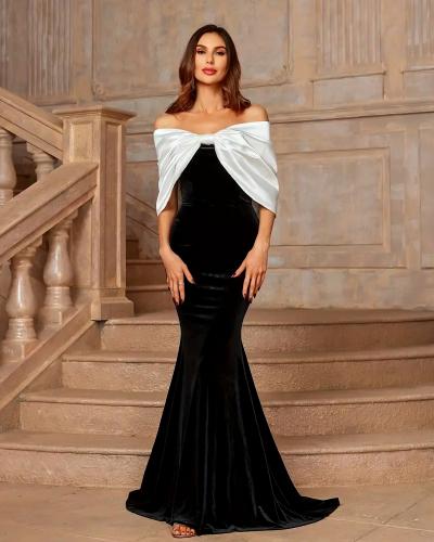 فستان سهرة طويل بتصميم فيونكة مكشوف الكتف