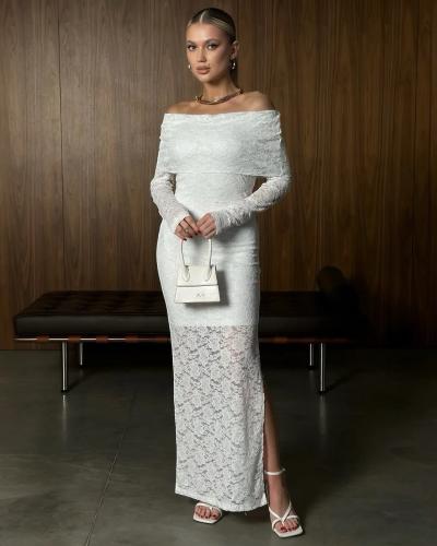 فستان دانتيل طويل منقوش بكتف مكشوف