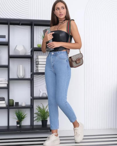 جينز نسائي كاجوال مريح عالي الخصر