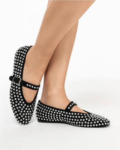 حذاء نسائي باليرينا سوداء مرصعة بالكريستال بحزام إ...