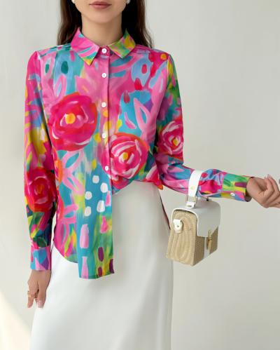 قميص نسائي كاجوال بطباعة ملونة وبأزرار أمامية
