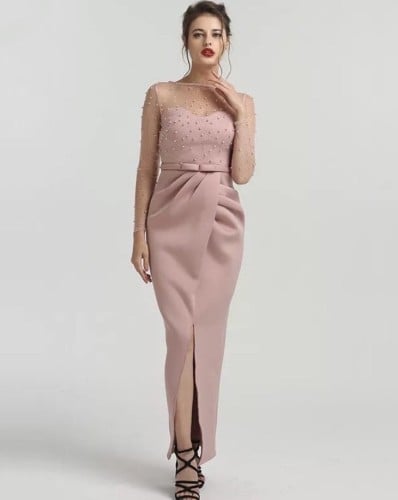 فستان سهره انيق باكمام طويلة لؤلؤ