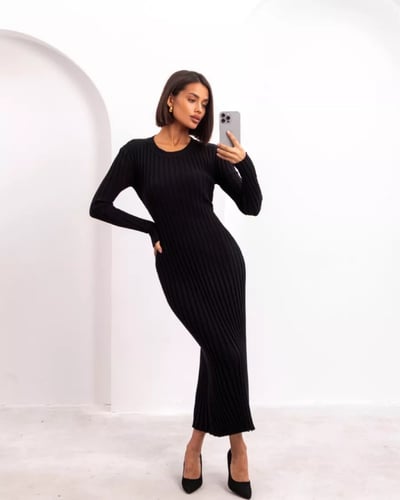 فستان نسائي منسوج أنيق بأكمام طويلة ورقبة دائرية -...