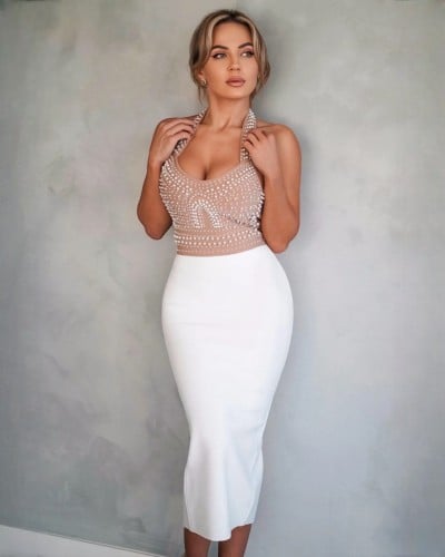 فستان بوديكون ميدي مطرز بلؤلؤ