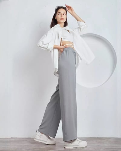 بنطال كاجوال مريح بأرجل واسعة - رمادي